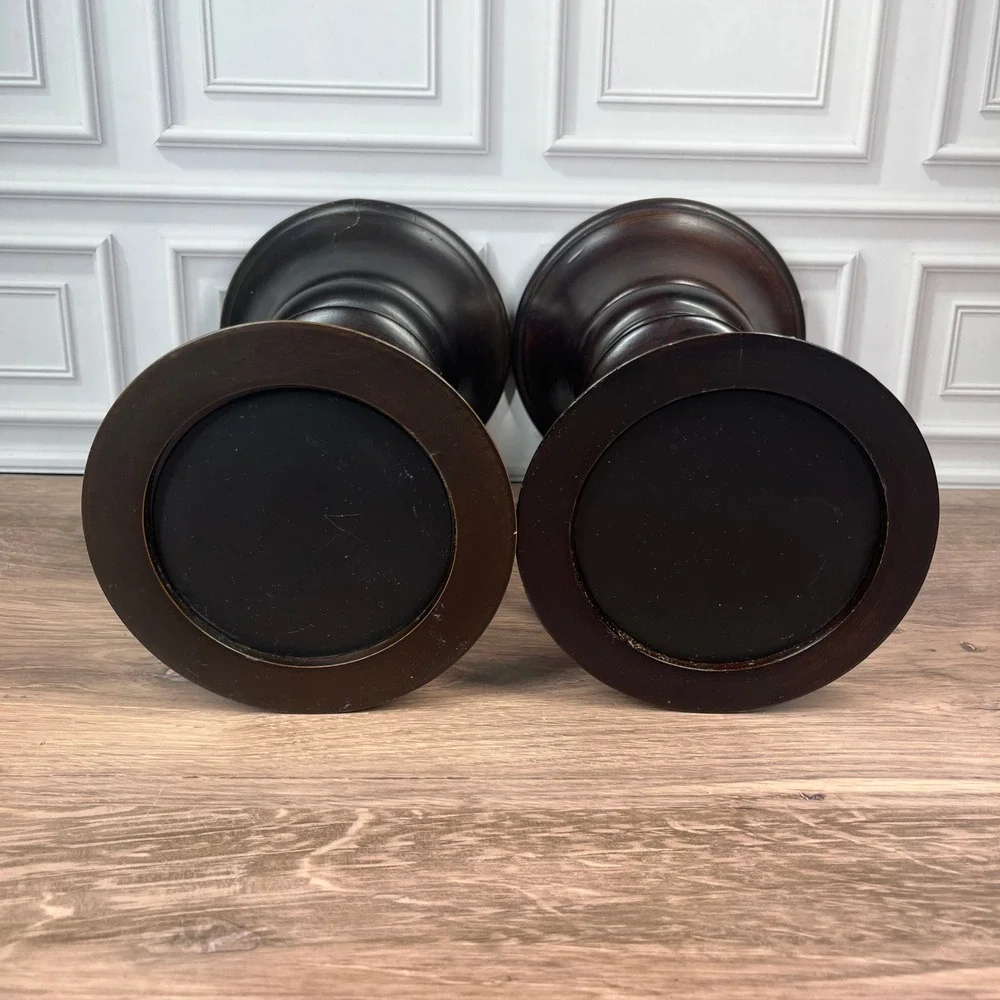 Pottery Barn Turned Wood Pillar Candle Holder Set 2 10in Dark Brown Espresso